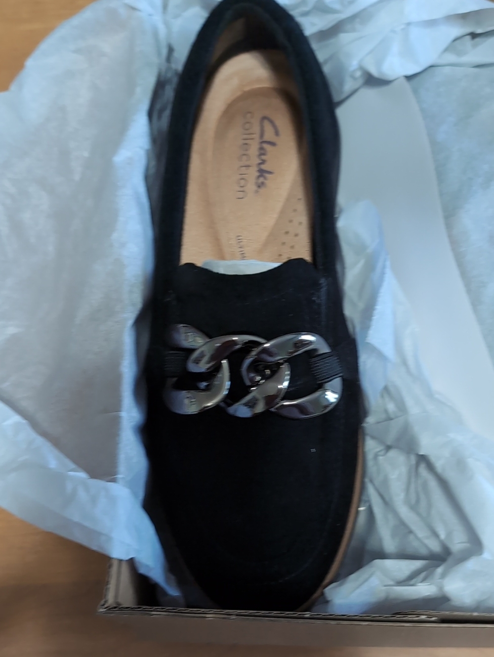 Clarks Black Suede Loafer with Silver Chain Trim